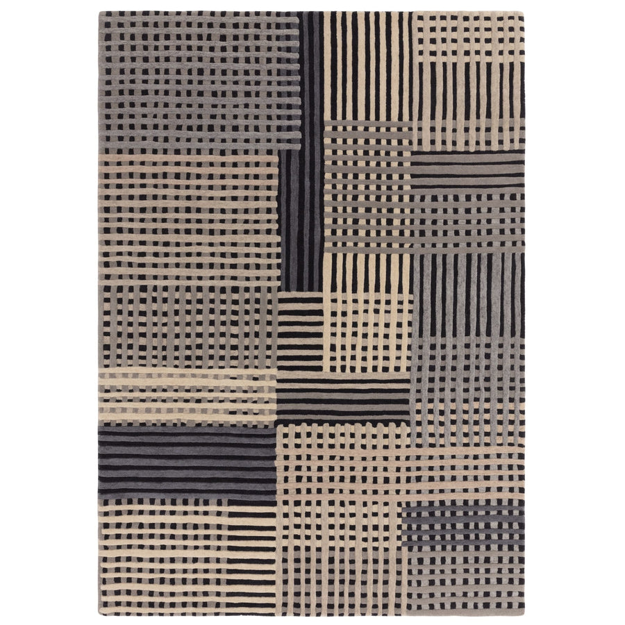 Aspect Grey Multi wool rug with interlocking basketweave design on white background