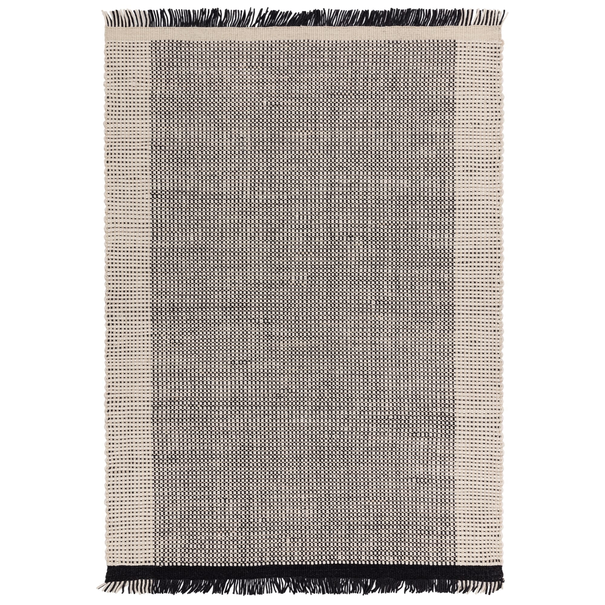 Avalon Monochrome hand-woven wool rug with basket-weave pattern on white background