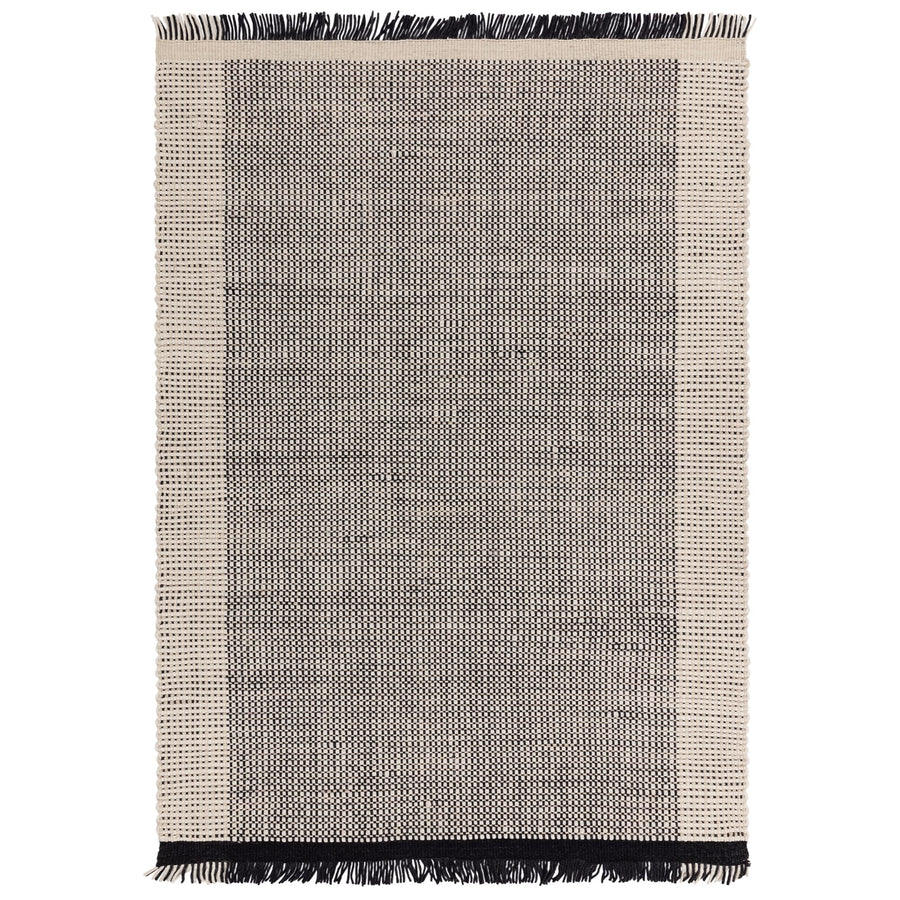 Avalon Monochrome hand-woven wool rug with basket-weave pattern on white background