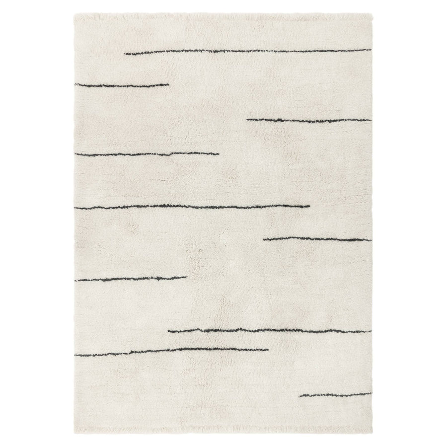 Azera Dash Rug in natural undyed wool, high-pile Berber-style design on white background