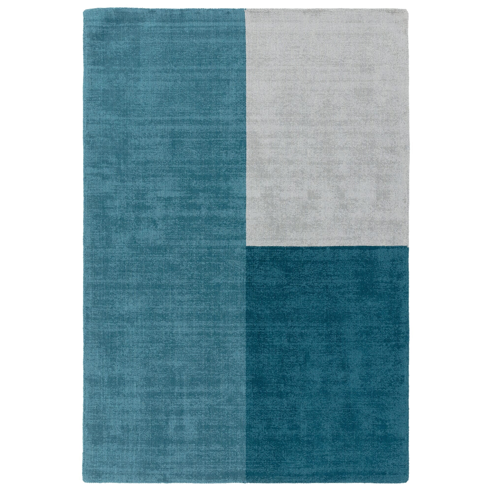 Blox Teal geometric wool rug on a white background, full view