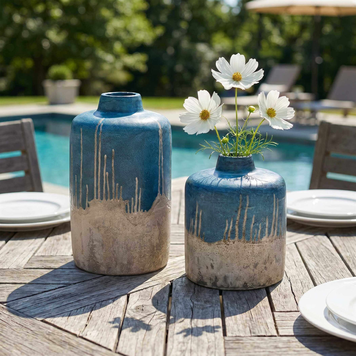 Coastal Cascade Indoor-Outdoor Blue Vases – Set of 2