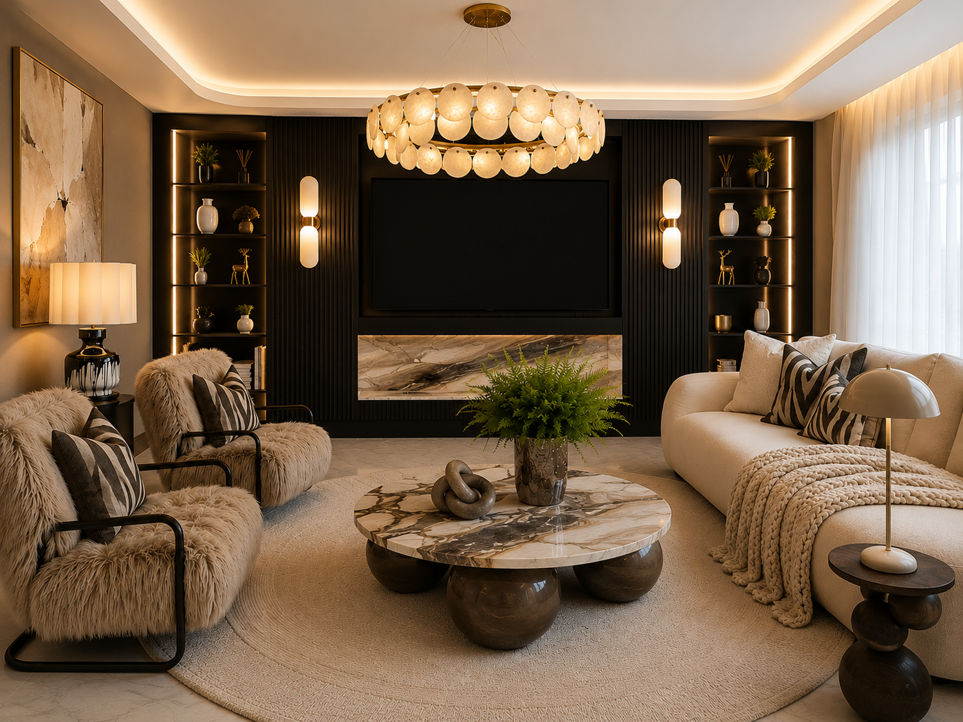 Conpanna Living designer's own home — luxe living room with media wall