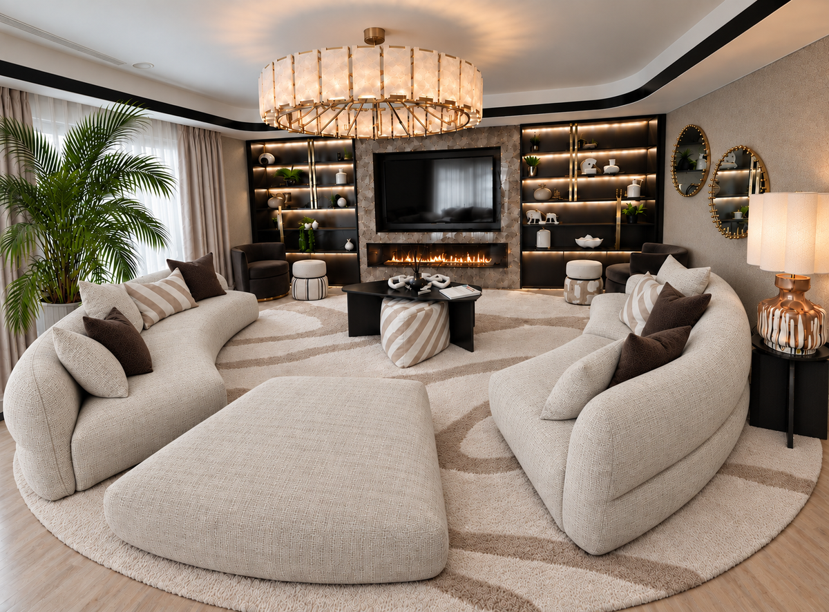 Conpanna living room with curved cream sofas, warm lighting and a marble fireplace