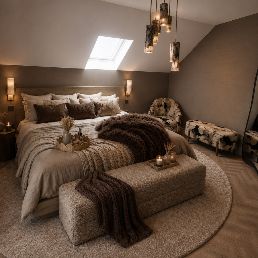 Layered taupe bedroom with pendant lights and a textured throw