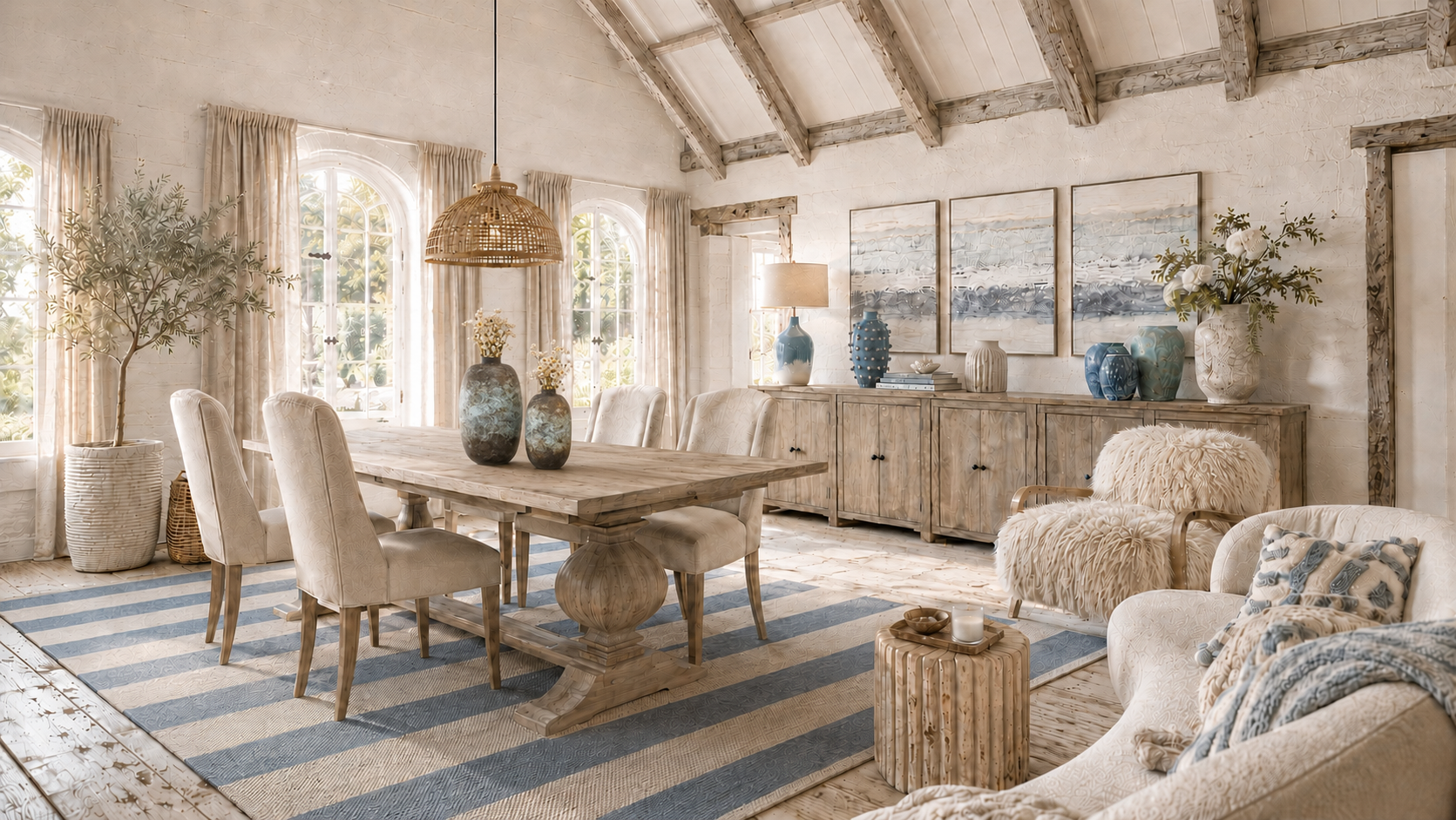 Warm coastal dining and living room with pale oak furniture, cream upholstery, blue ceramics and a striped blue rug