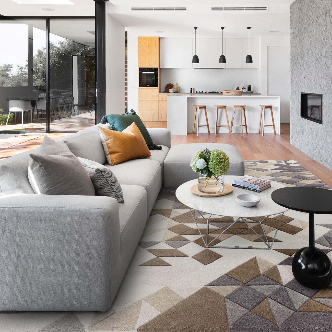 Enigma Grey Multi rug with hand-carved 3D wool and viscose pile, full view on white background