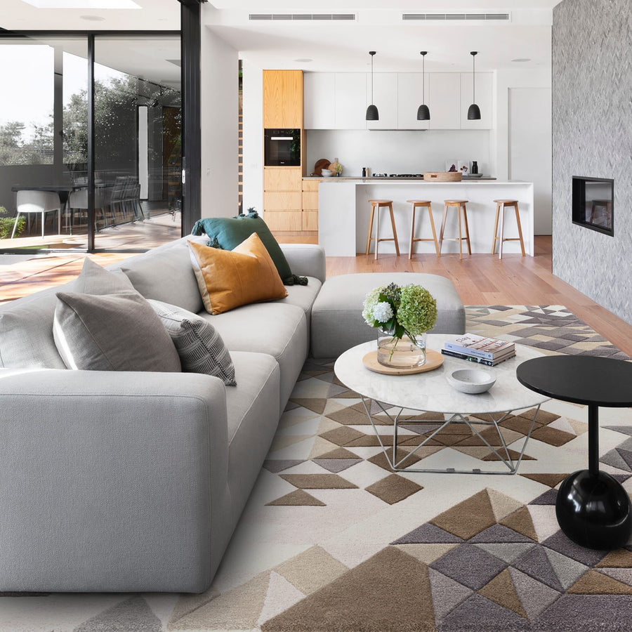 Enigma Grey Multi rug with hand-carved 3D wool and viscose pile, full view on white background