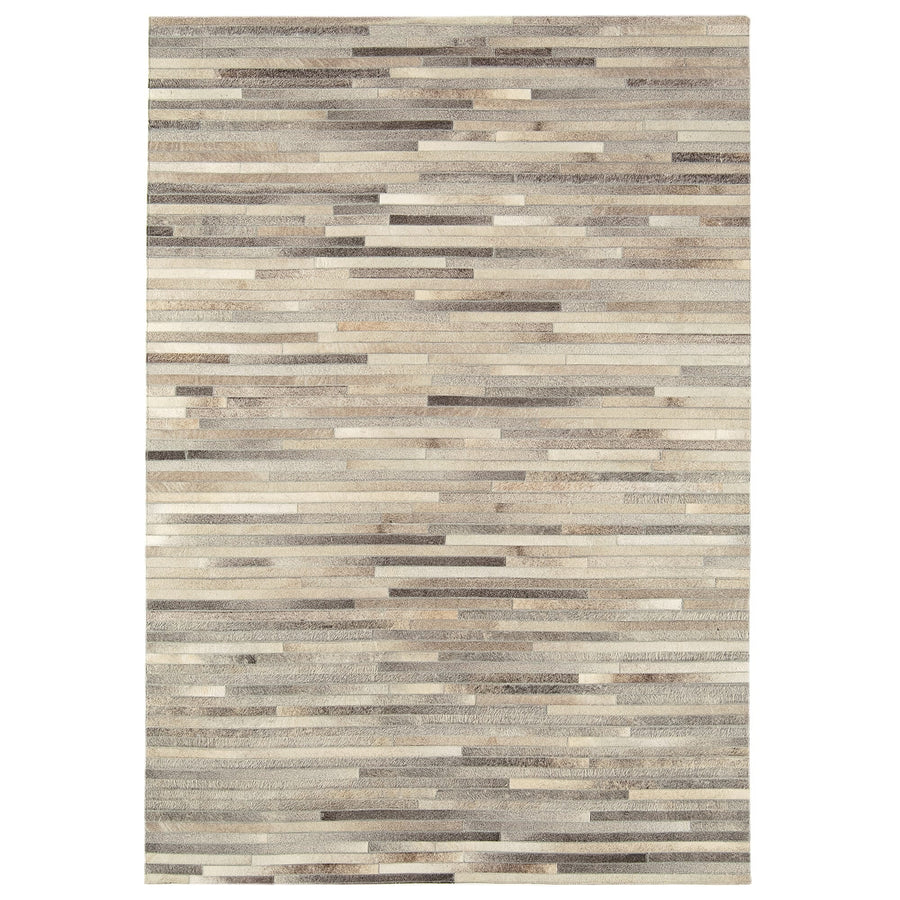 Gaucho Light Grey Stripe cowhide patchwork rug on a white background