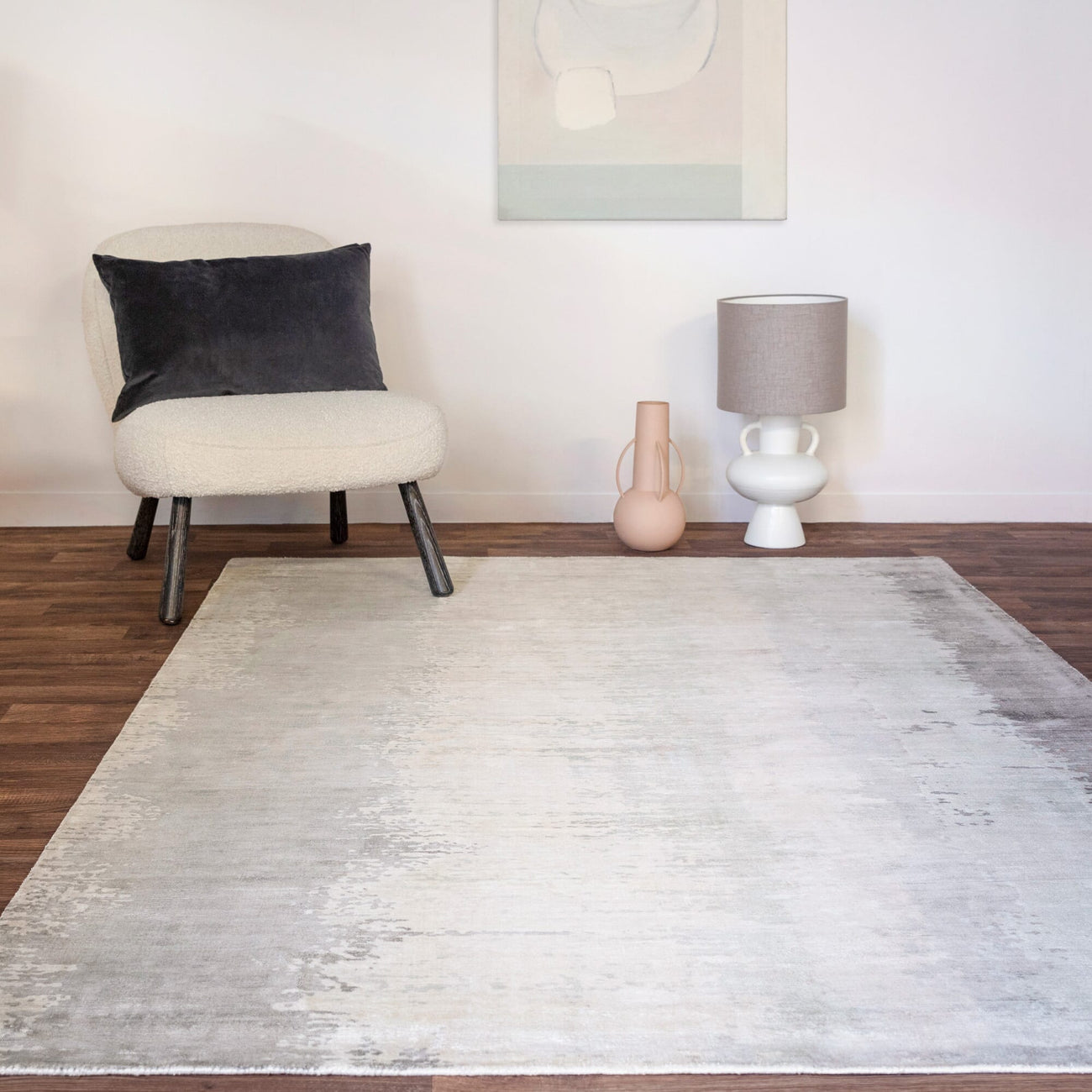 Juno Greige rug with tonal abstract print on a white background