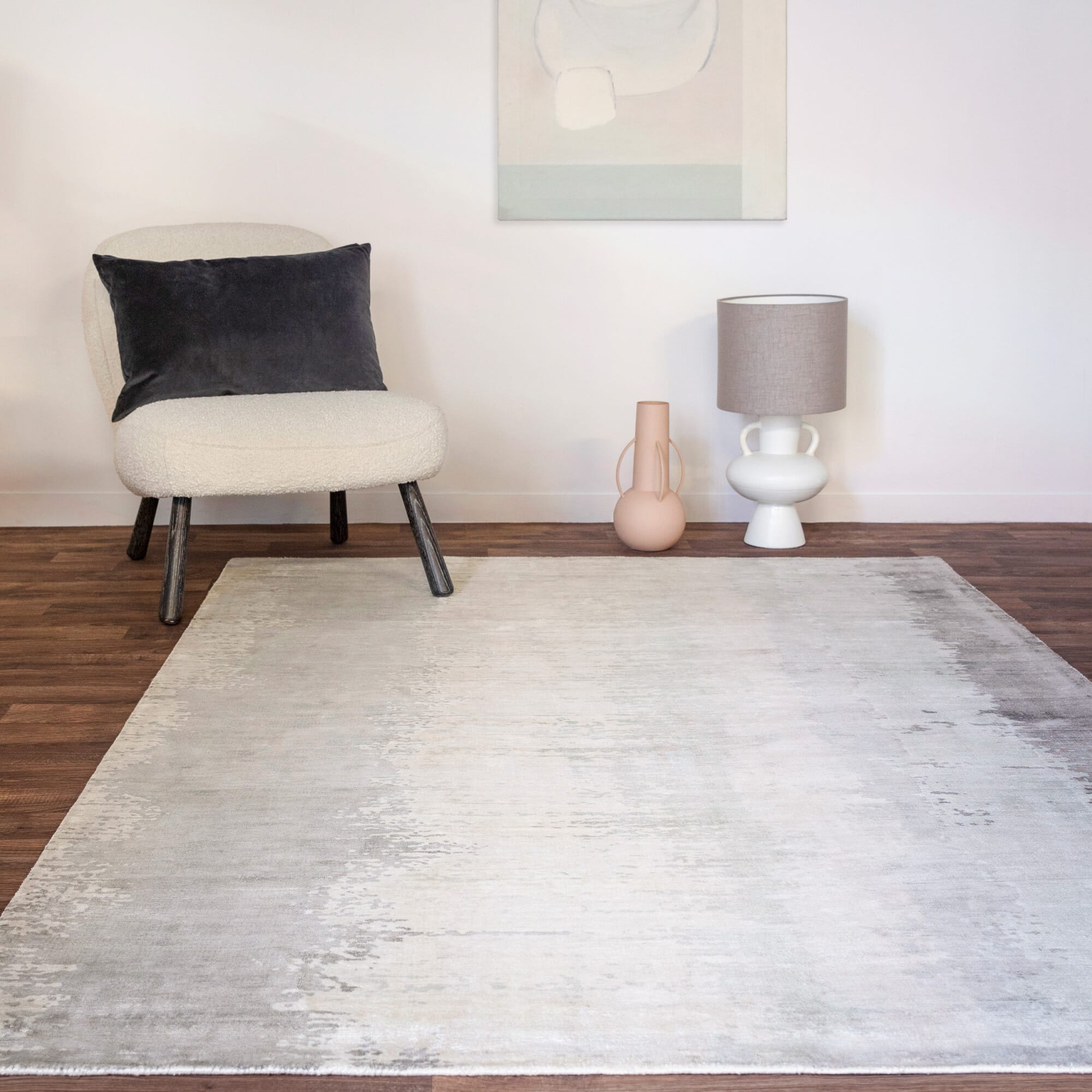 Juno Greige rug with tonal abstract print on a white background