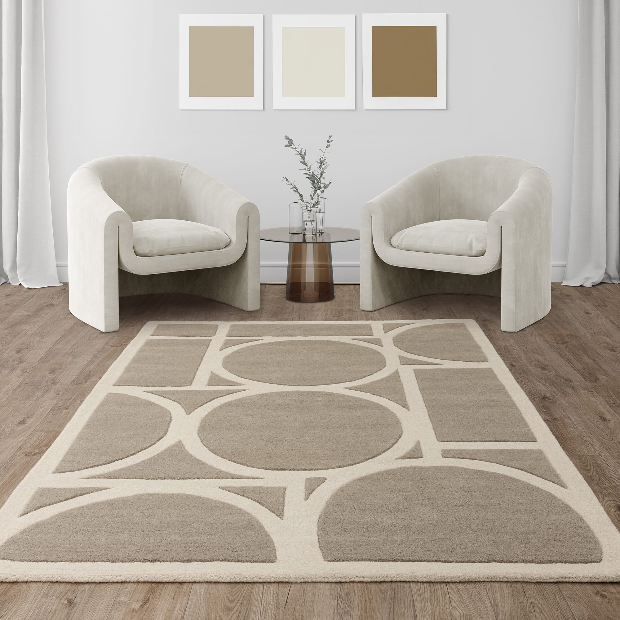 Metro Taupe wool rug styled in a contemporary living room setting