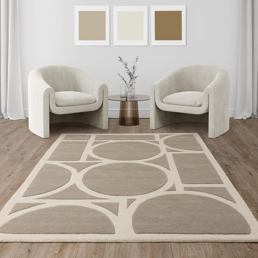 Metro Taupe wool rug styled in a contemporary living room setting