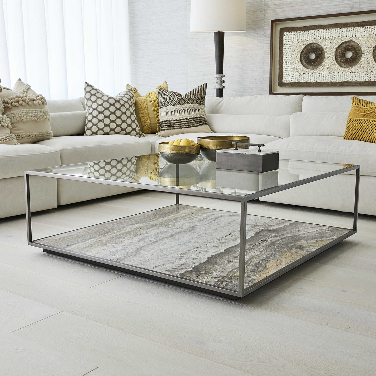 Floating Plane Coffee Table – Travertine/Bronze