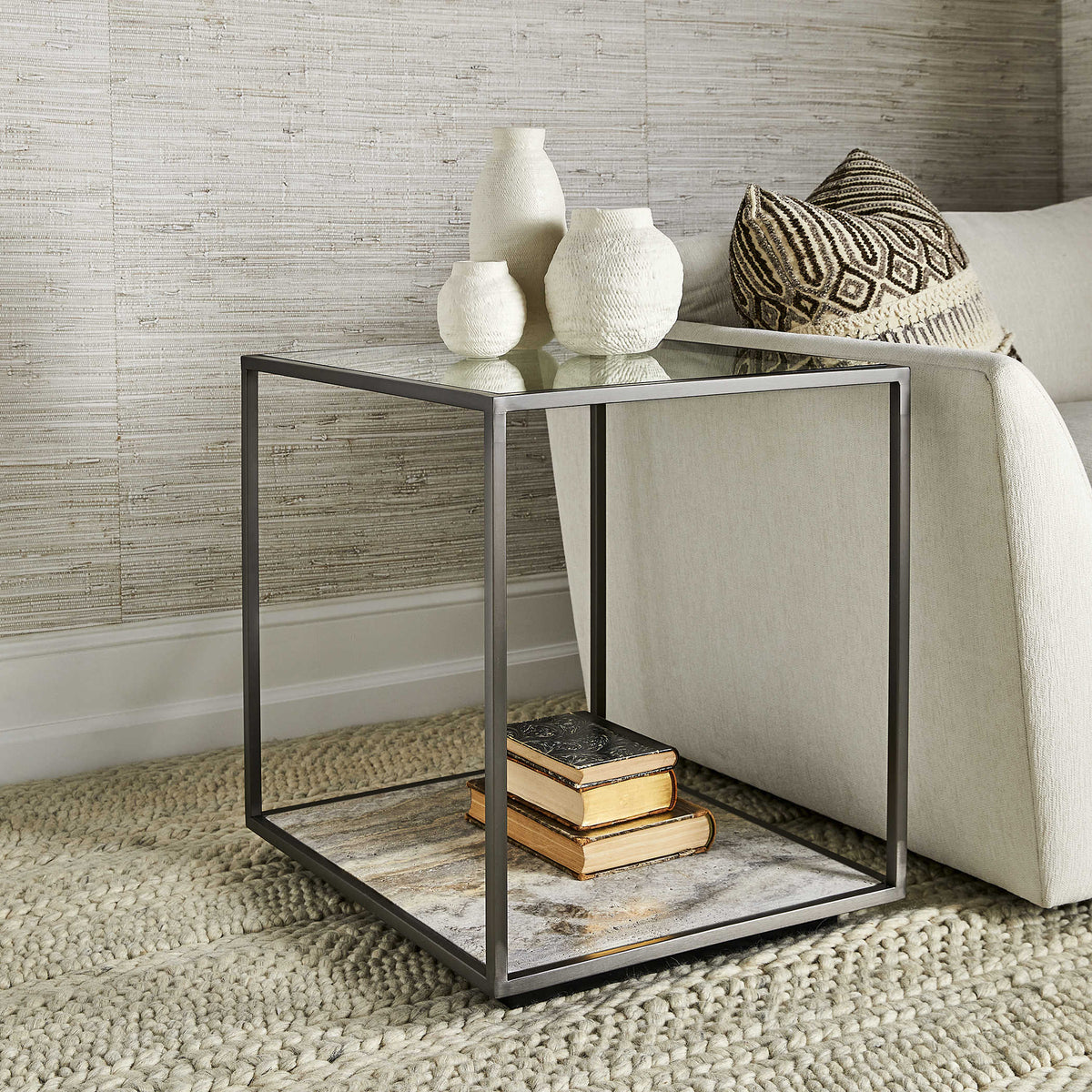 Floating Plane End Table – Travertine/Bronze