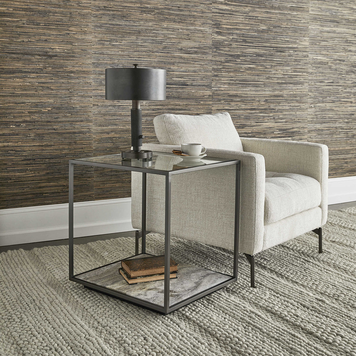 Floating Plane End Table – Travertine/Bronze
