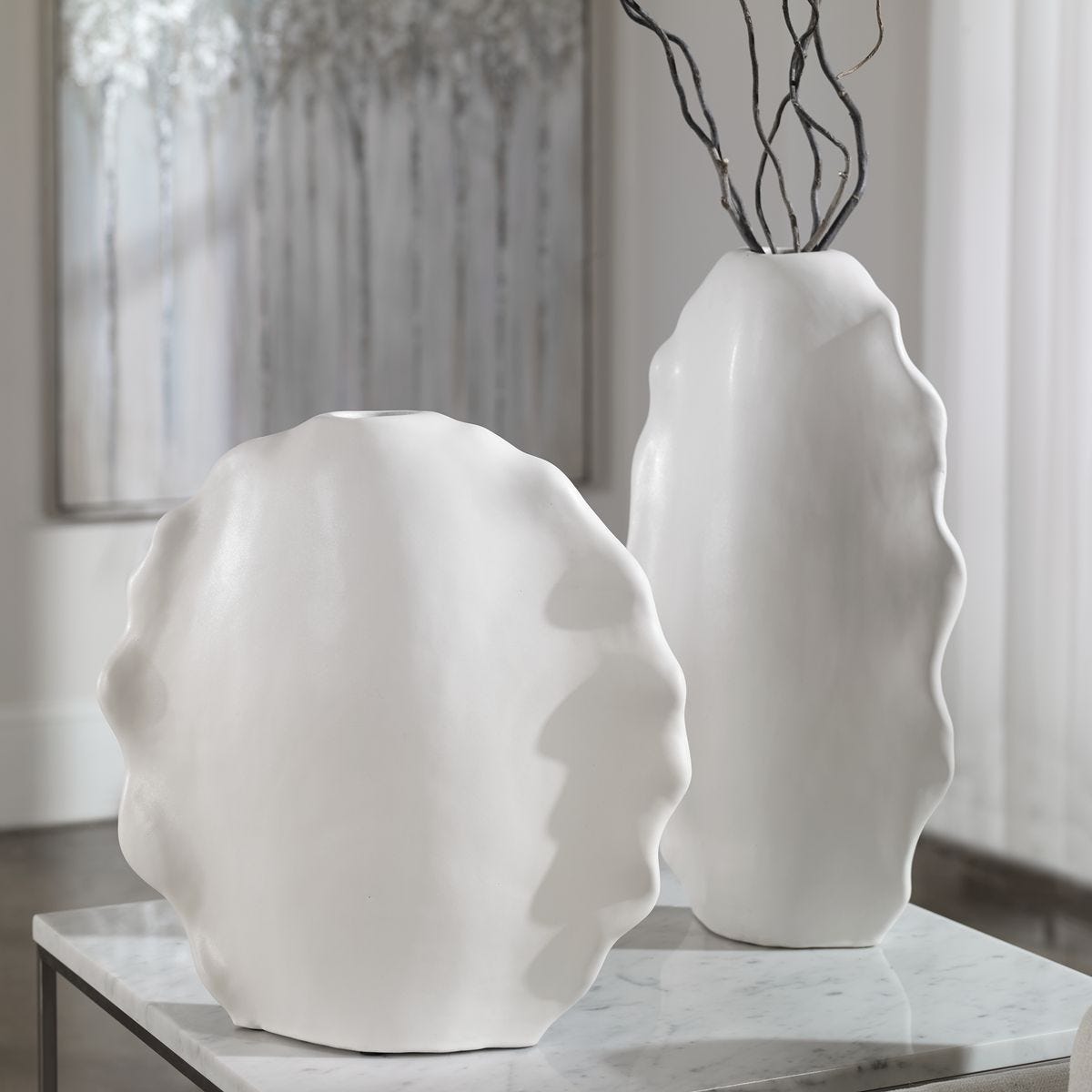 Ruffled Feathers Modern Indoor-Outdoor White Vases – Set of 2