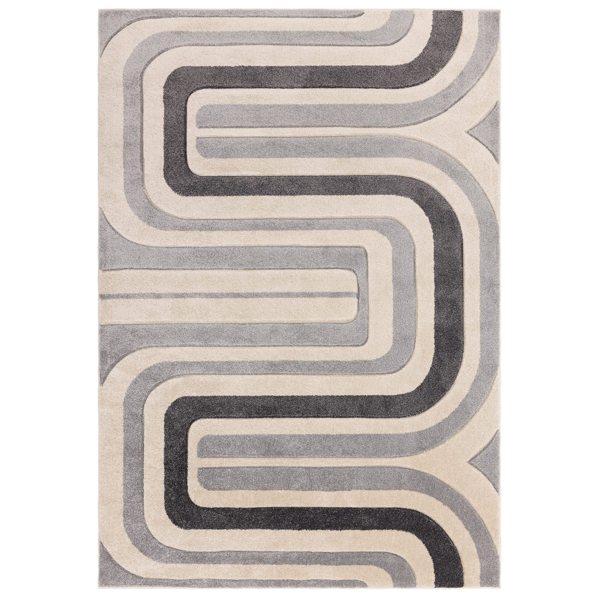 Sketch Contour Grey Rug with hand-carved geometric pattern on white background