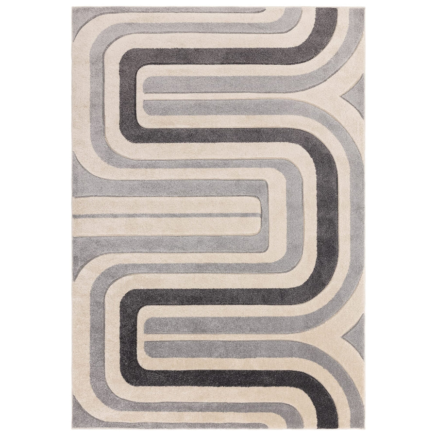 Sketch Contour Grey Rug with hand-carved geometric pattern on white background