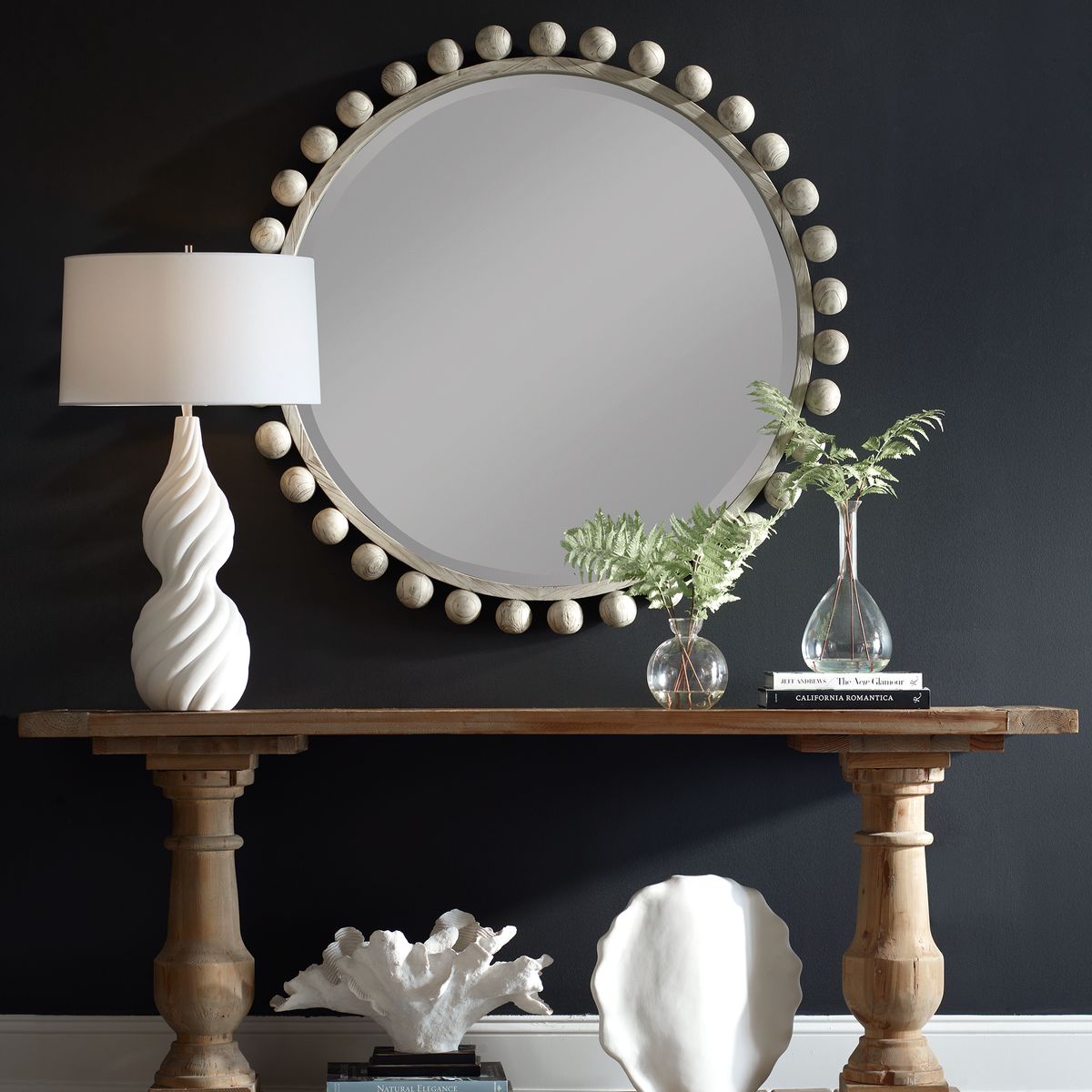 Cyra Wood Round Mirror – Aged Ivory