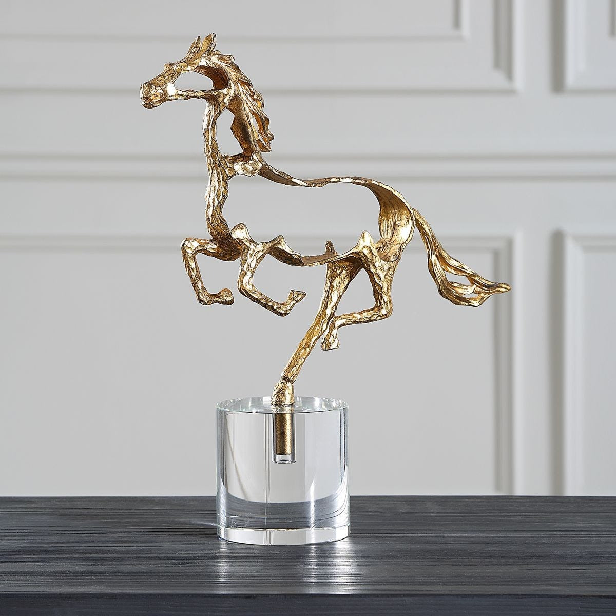Gallop Brass Horse Sculpture on Crystal Base