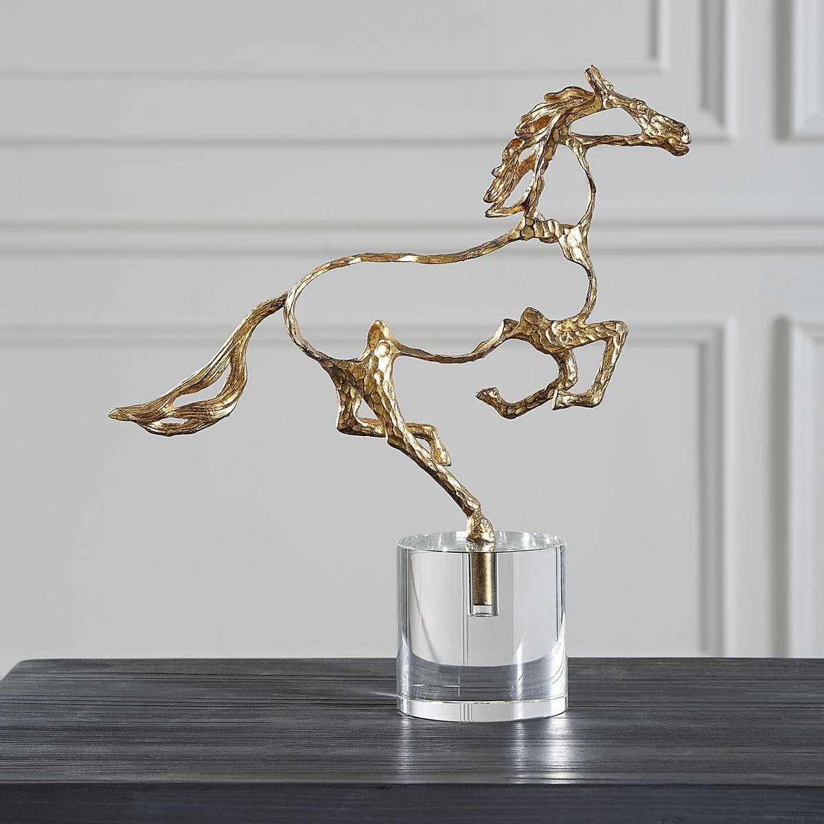 Gallop Brass Horse Sculpture on Crystal Base