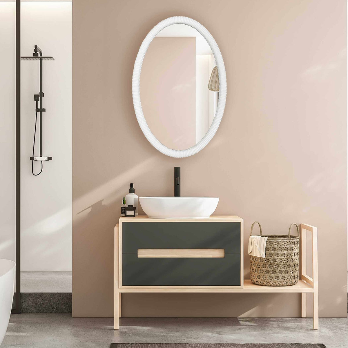 Bali White Ribbed Oval Mirror