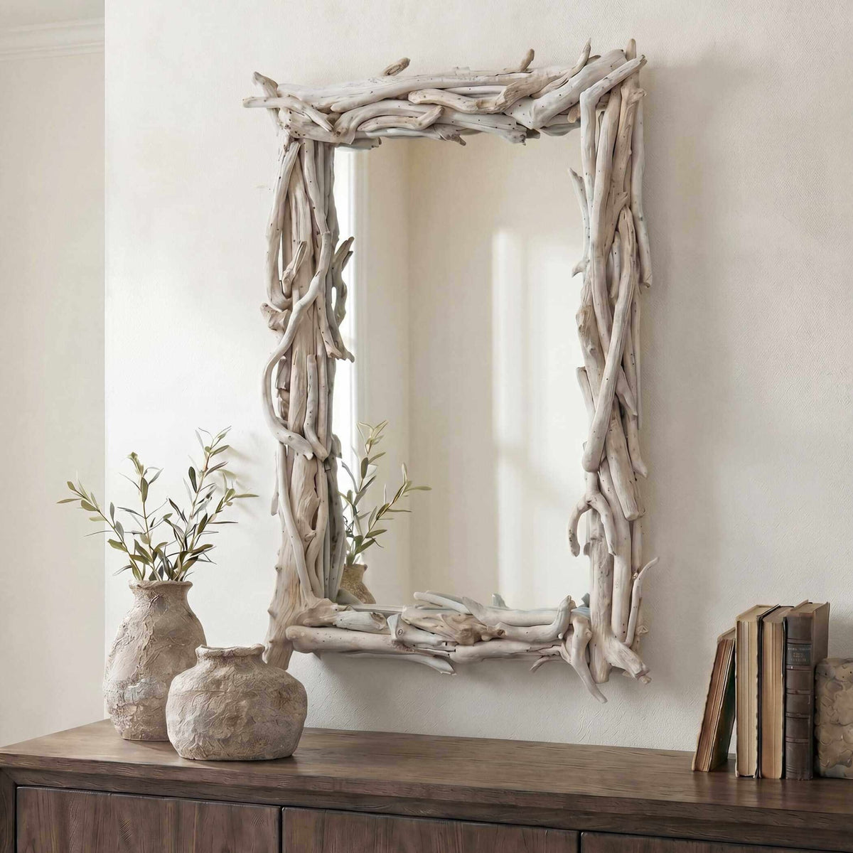 Rooted Reflection Bleached Teak Rectangular Mirror