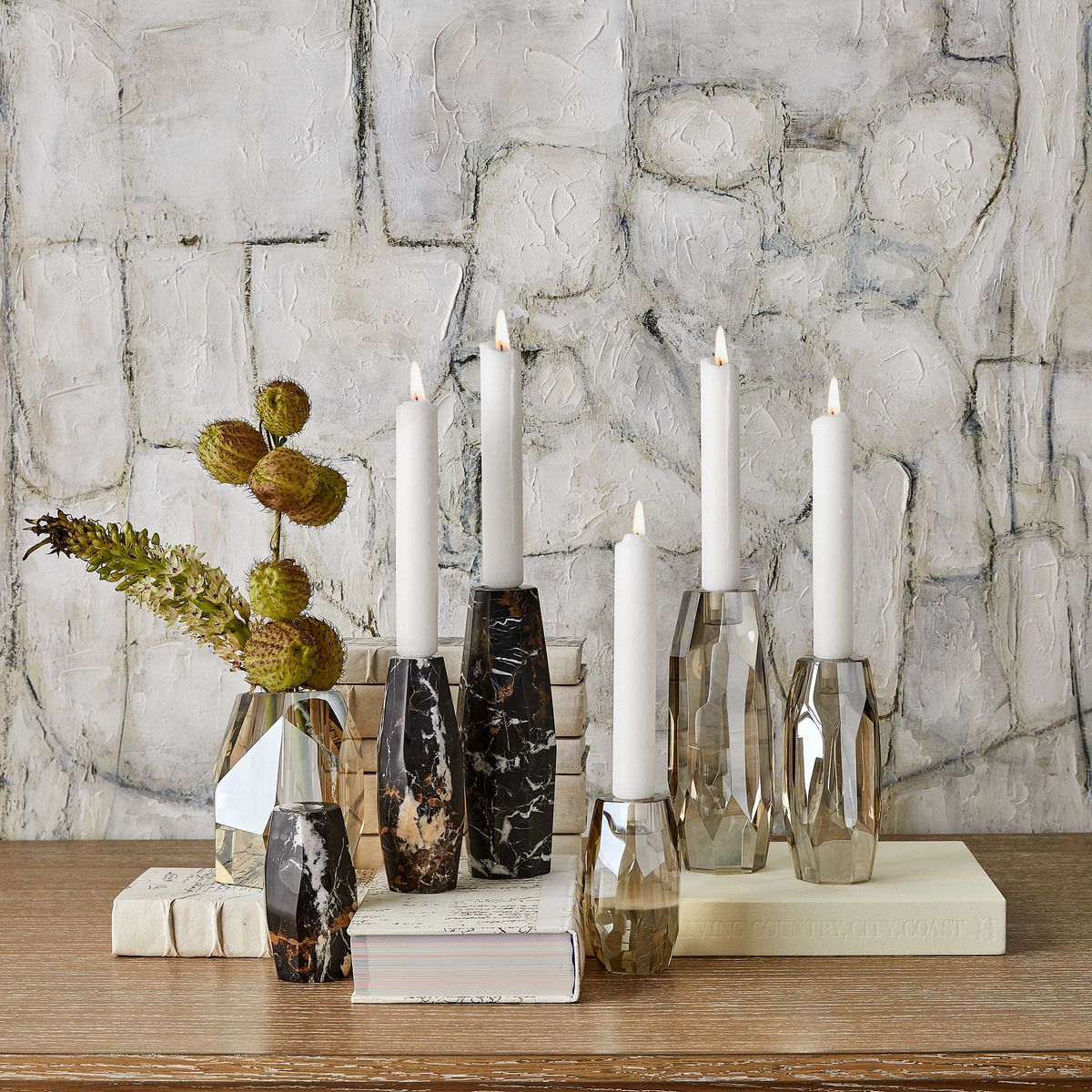 Multifaceted Taper Candleholders – Marble, Set of 3