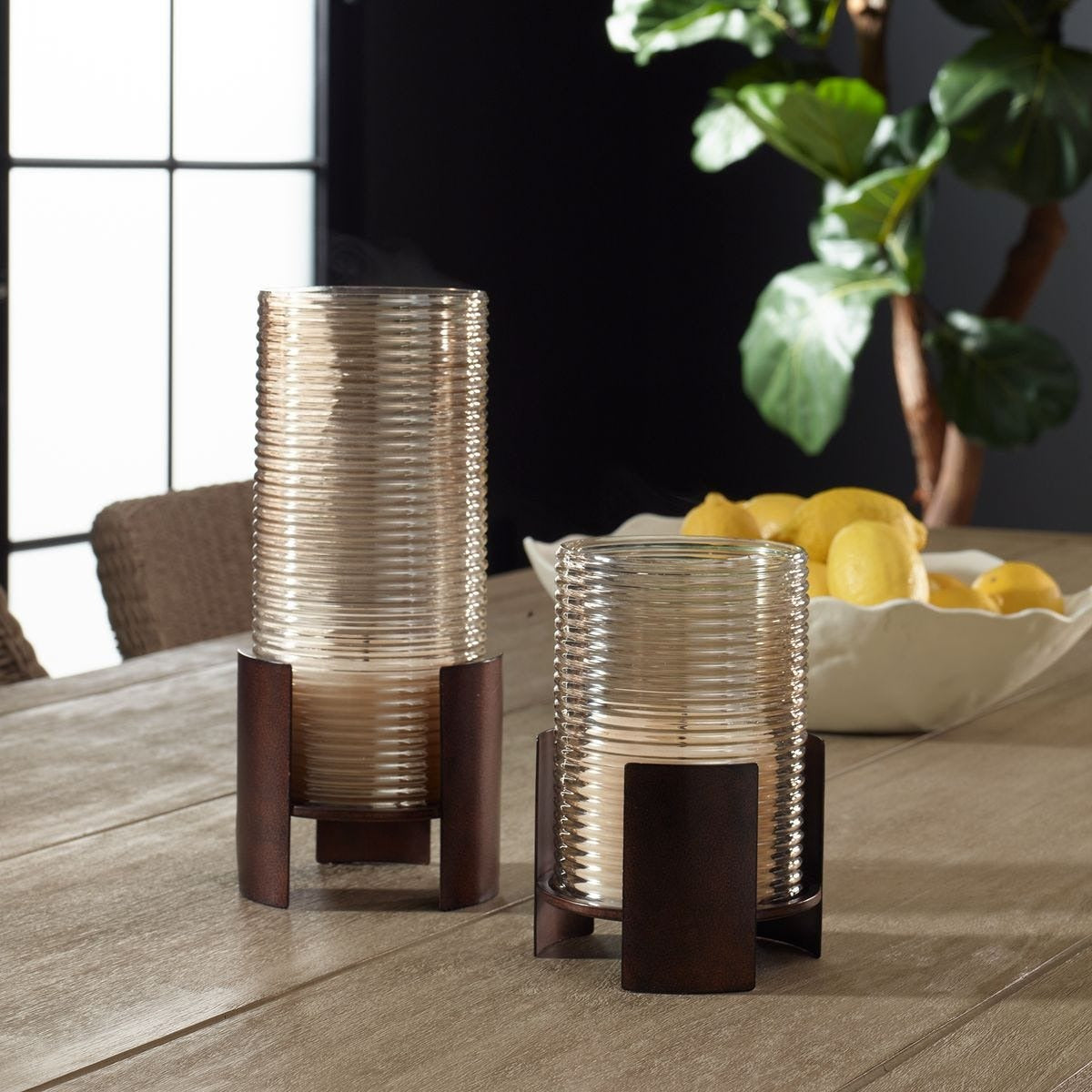 Fluted Fire Cylinder Candleholders, Set of 2