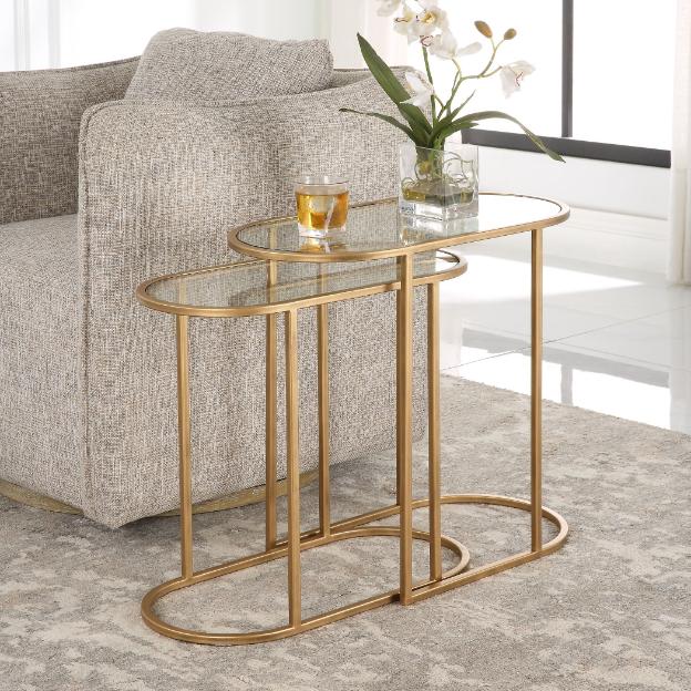 Slide Nesting Side Tables – Brass and Glass