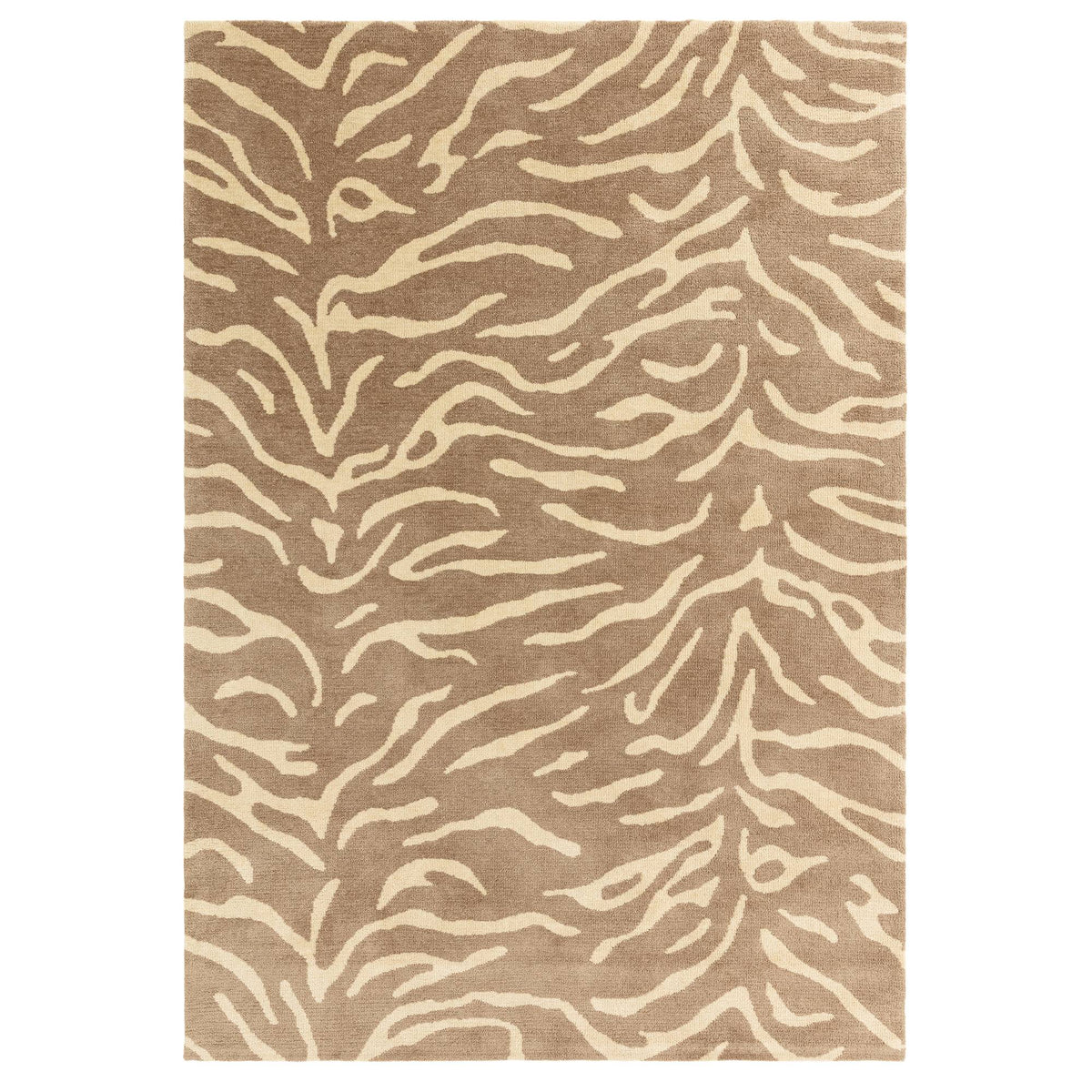 Wilder Tiger Taupe rug shown in full on a white background, highlighting the tiger print design