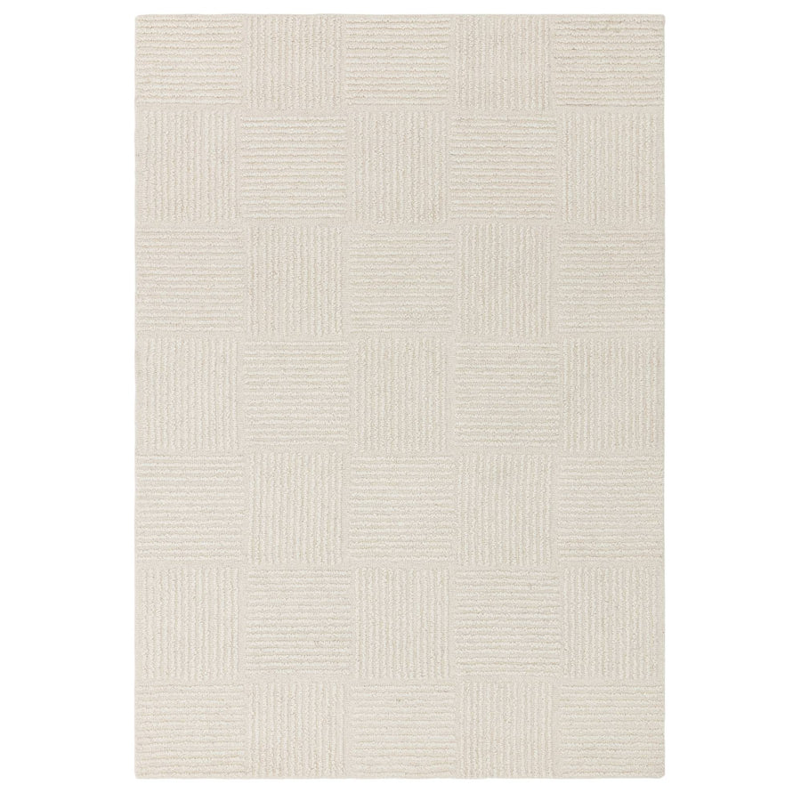 Zennith Grid wool bouclé rug in natural neutral tones on a white background